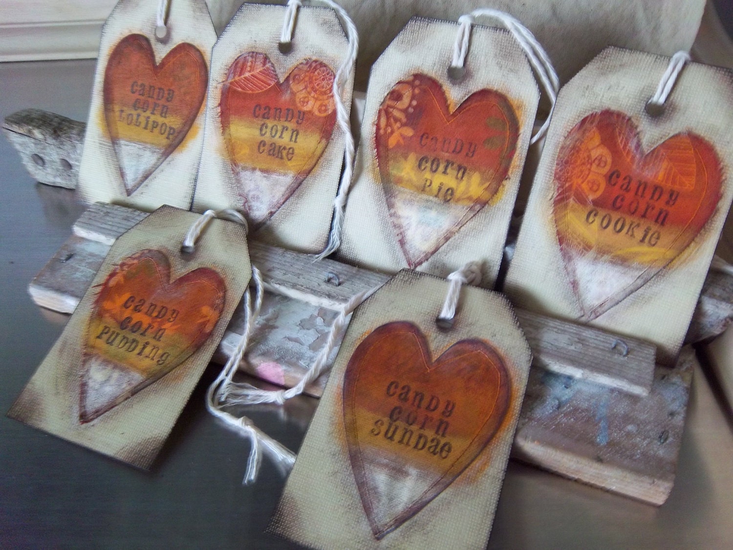 Halloween primitive tags handmade fabric paper candy corn holiday decoration