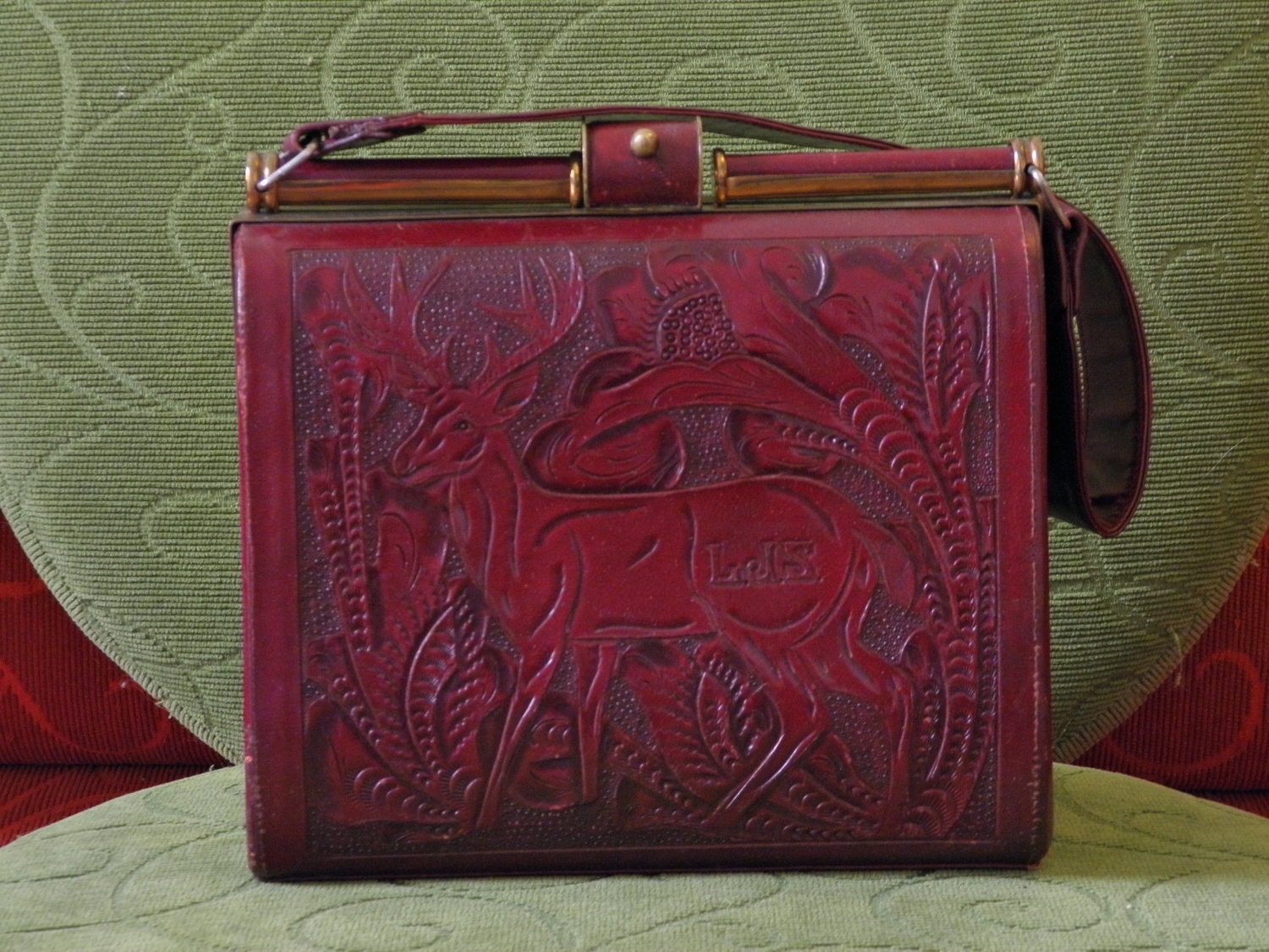 1940's Vintage Deer and Dog Red Mexican Leather Tooled Purse