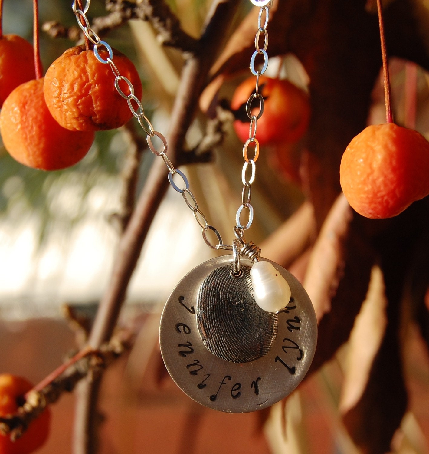Your Own Custom Silver Fingerprint Charm on Handstamped Pendant with Chain - Large Sterling Disc