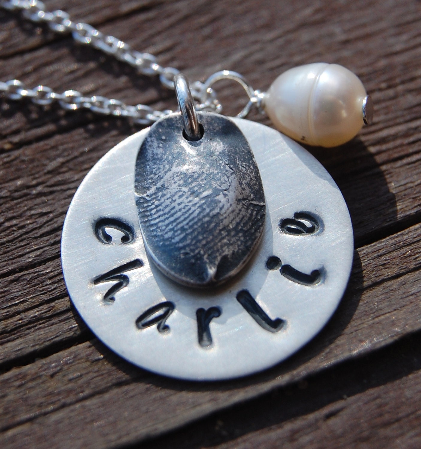 Your Own Custom Silver Fingerprint Charm on Handstamped Pendant with Chain - Smaller Sterling Disc
