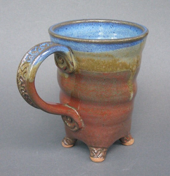 Items similar to Twisted Footed Mug Handmade Pottery in Iron Red Coblat Blue EACH ONE UNIQUE on Etsy