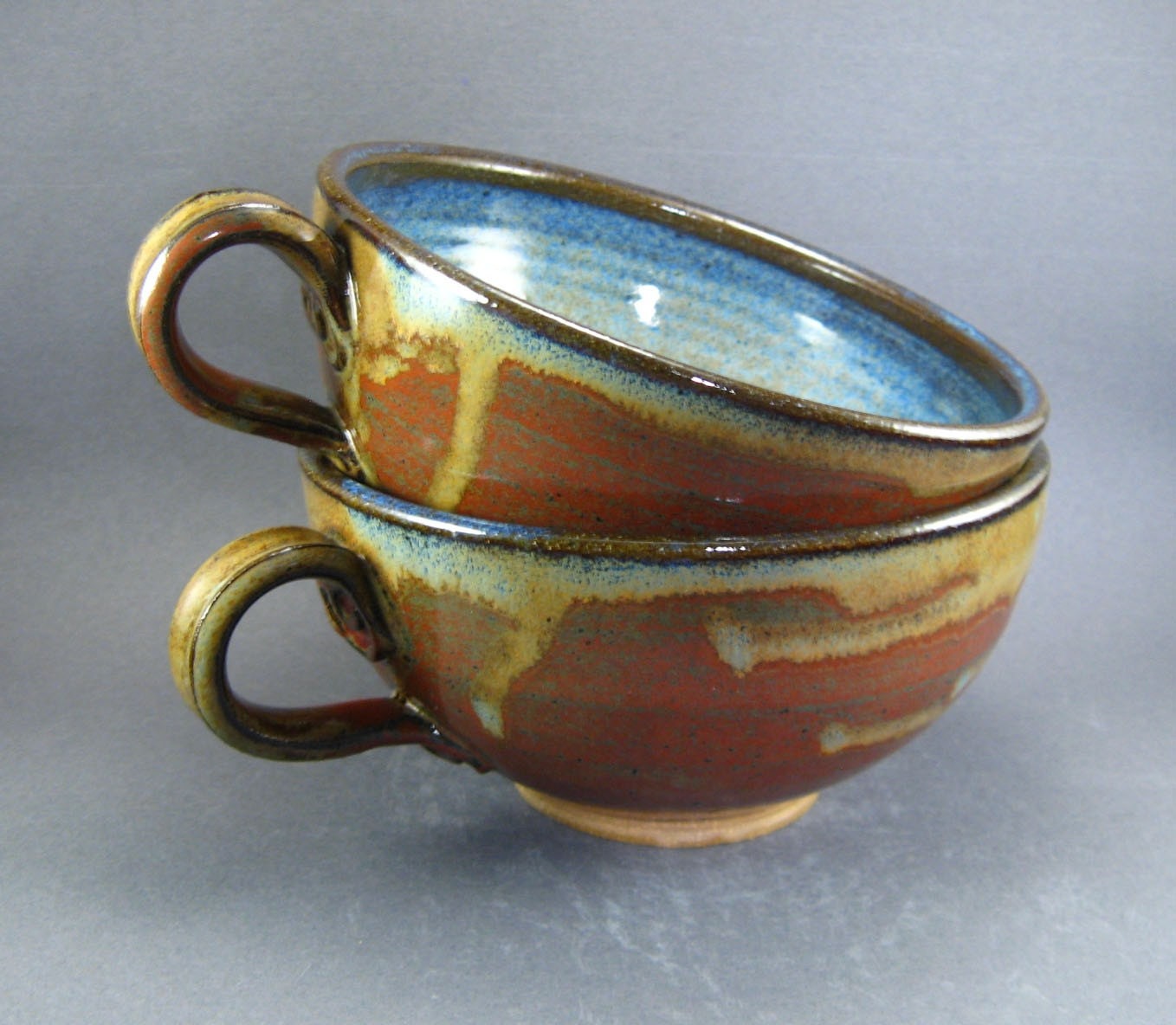 Set of 2 Handled Chowder Bowls Iron Red and Cobalt Blue  MADE TO ORDER