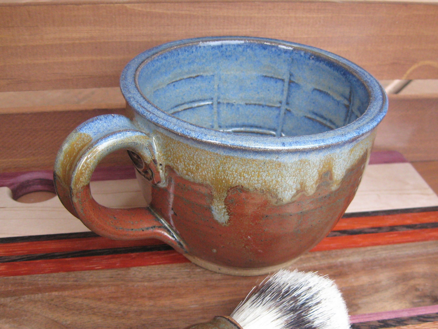 Large Wet Shaving Lather Bowl Mug Blue Iron Red EACH ONE UNIQUE