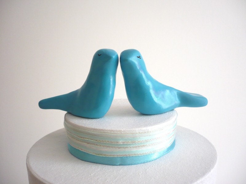 Ready to Ship - Blue Wedding Cake Topper - Bride and Groom Doves