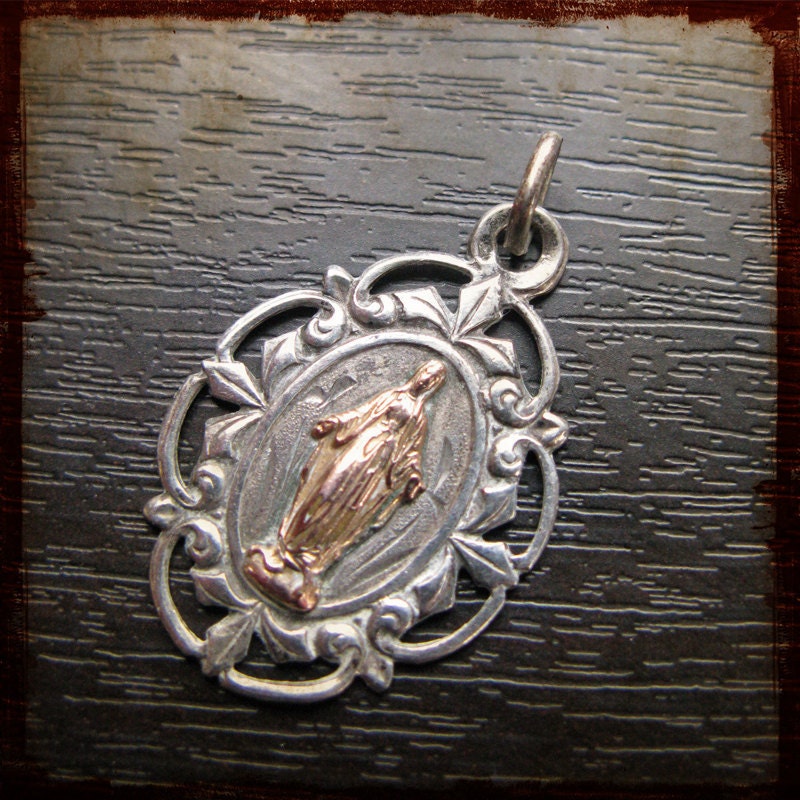 Antique French Sterling Silver copper Virgin Mary Religious Medal - Vintage Jewelry Pendant