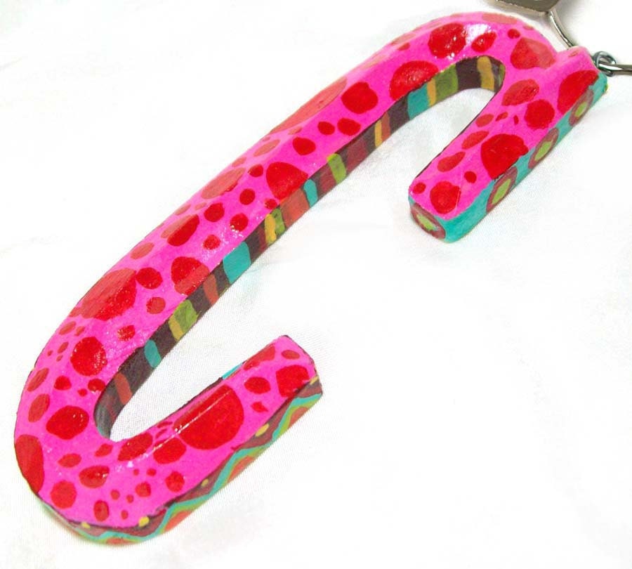 Letter C monogram keychain fob- handpainted in pink, red, lime, and brown - Great for stocking stuffers