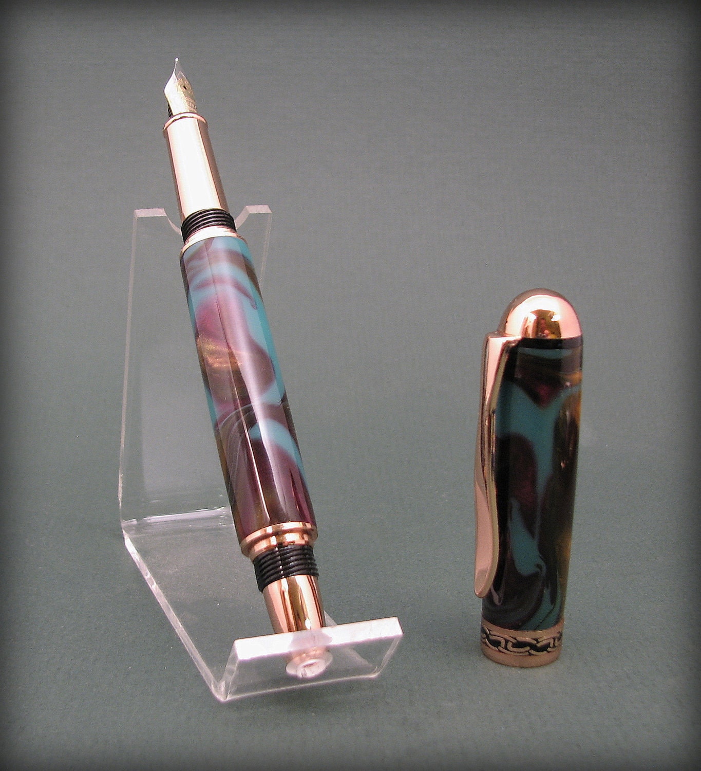 Handcrafted, Fountain Pen in Mysteria resin with  copper hardware.