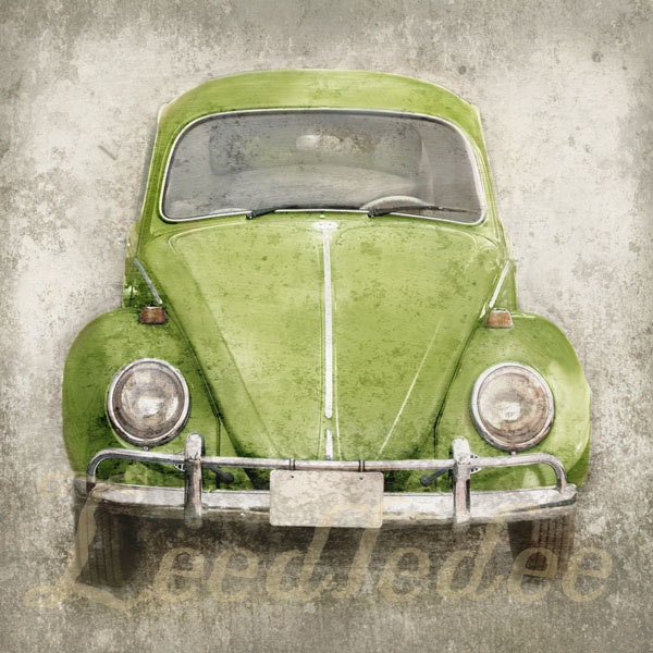 Orange Bug (or CHOOSE your color) - Vintage Style 8x8 or 8x10 - Volkswagen Beetle Nostalgic Car Distressed Home Decor Personalize