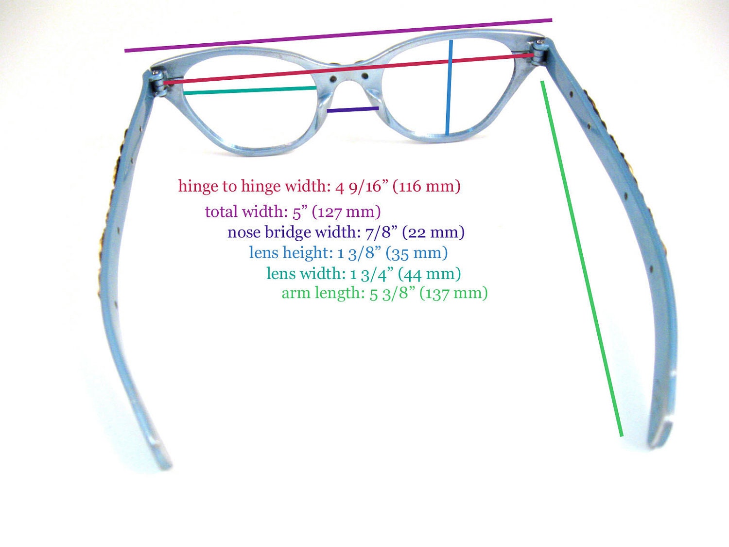 TURA sky blue cat eye glasses. gold embellishments. ornate. 1950s retro eyewear. aluminum and gold. no lenses. (VFAC)