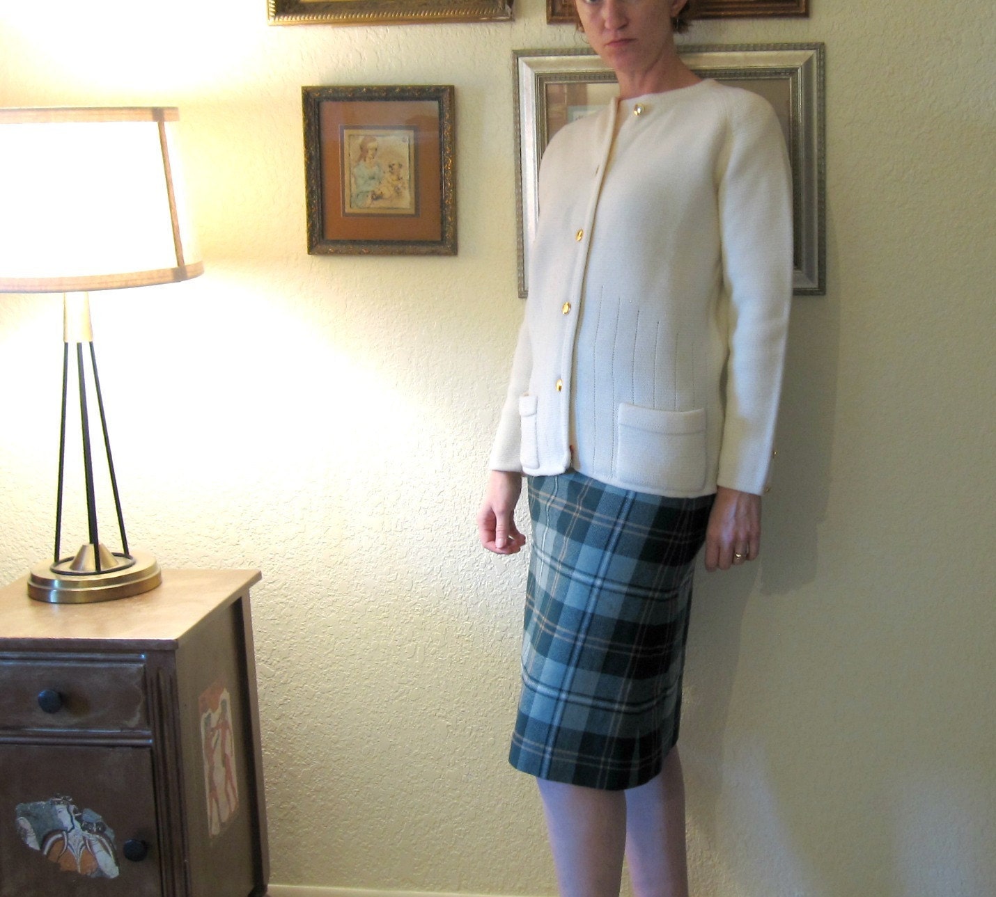 Vintage 60s Fitted Military Sweater Coat. Gold Buttons.