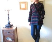 Vintage 60s Pendleton Navy and Red Plaid Wool Blanket Coat. Short Coat. Car Coat. Size S to M.