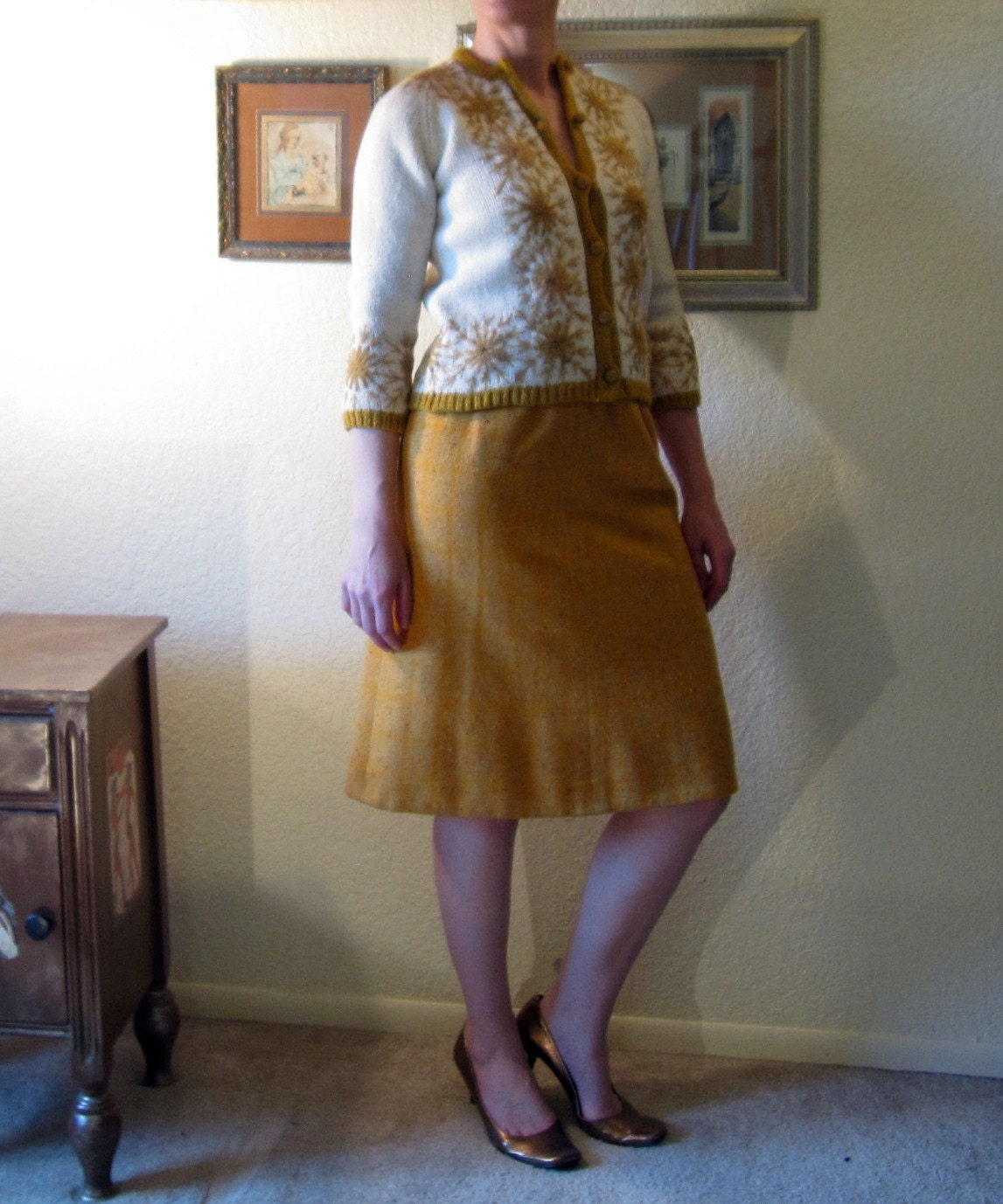 Vintage 60s Cardigan Sweater Embroidered Harvest Gold Autumn Flowers