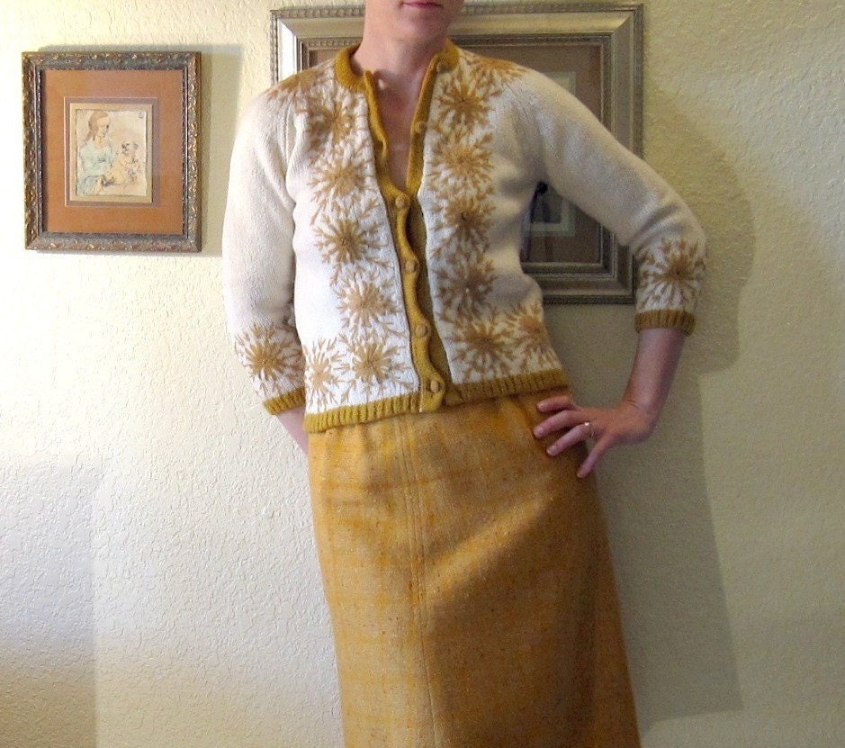 Vintage 60s Cardigan Sweater Embroidered Harvest Gold Autumn Flowers