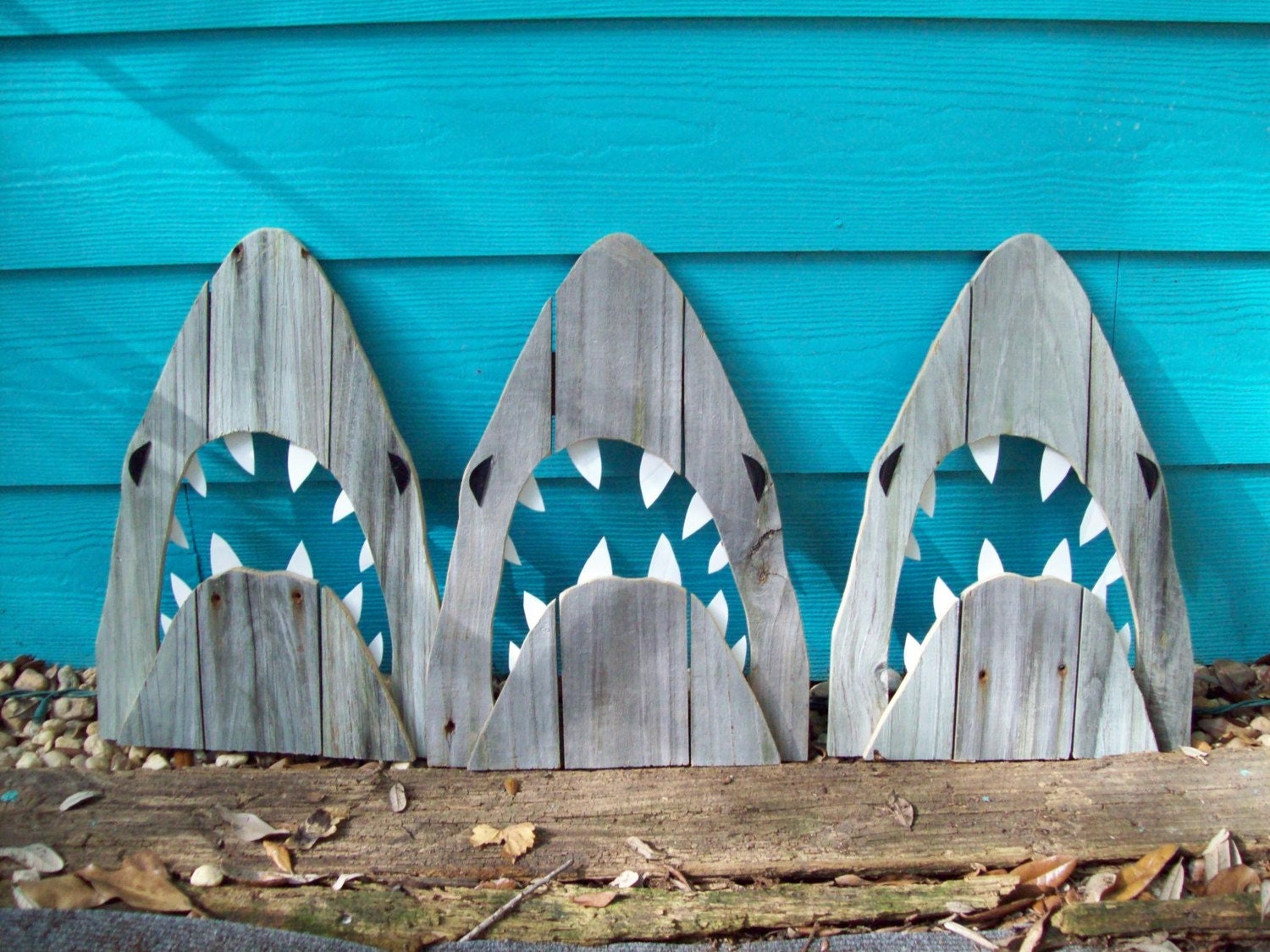 Shark art, made of recycled fence wood. JAWS, Great White, outdoor art