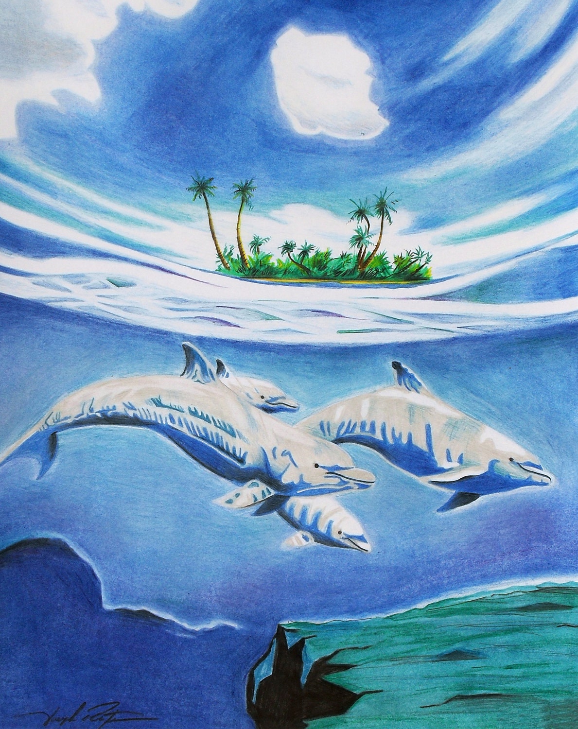 Dolphin Original Underwater Colored Pencil Drawing Reproduction 11x14 Illustration Poster Print - artsinwonderland