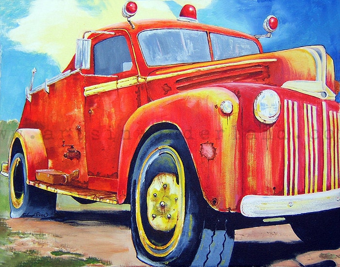 Big Red Fire Truck - Vintage - Oil Original Painting Reproduction11x14 Print Artwork - Children's Room Decor