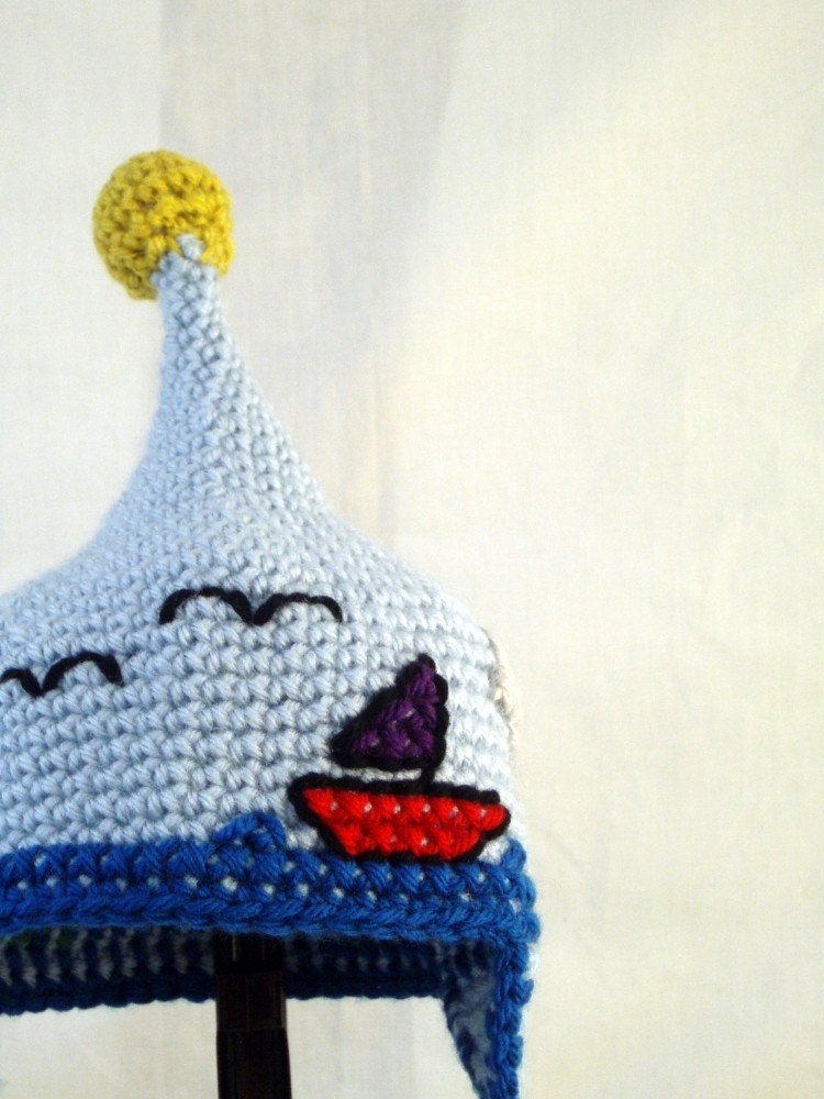 Pointed Blue Baby Hat with Embroidered Sailboats, Yellow Sun and Earflaps