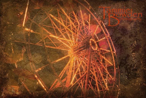 Lighted Ferris Wheel - Original Photograph 8x10 - Antique Vintage Style Nostalgic Carnival Summer Ride County Fair Sepia Orange Wall Art