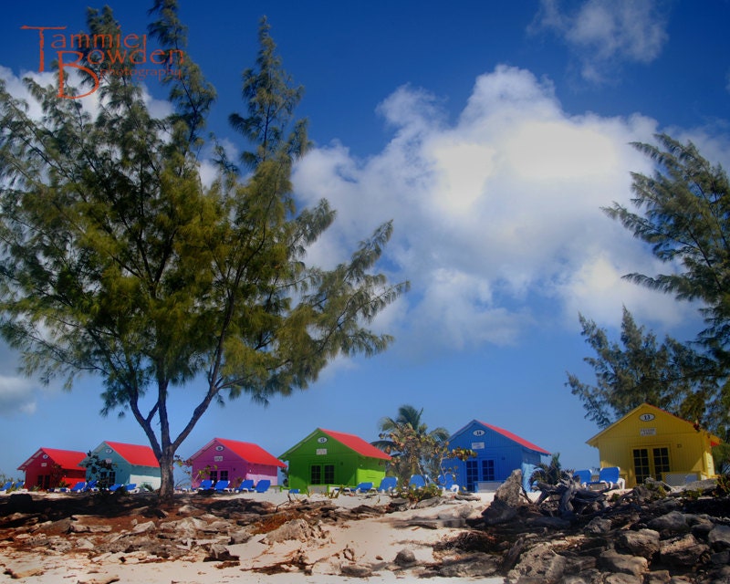 Beach Bungalows - Original Photograph 8x10 - Shore House Cottage Home Wall Decor Colorful Vivid Blue Tropical Island Vacation Getaway