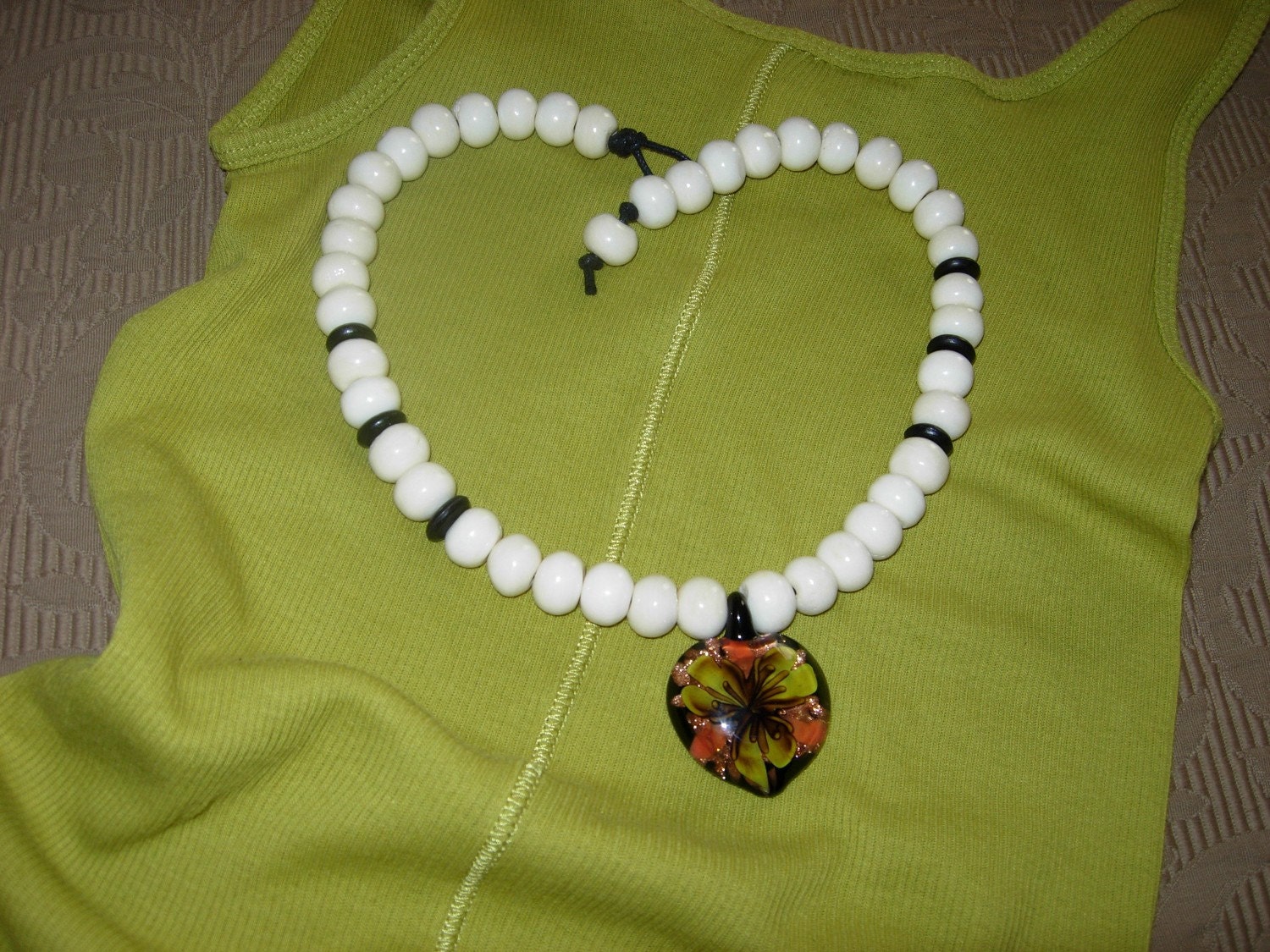 African Black Horn and Bone Beads with Glass Pendant