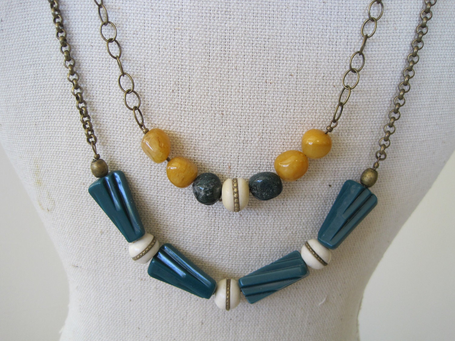 SALE:  Brass Inlaid Bone and Vintage German Lucite Necklace
