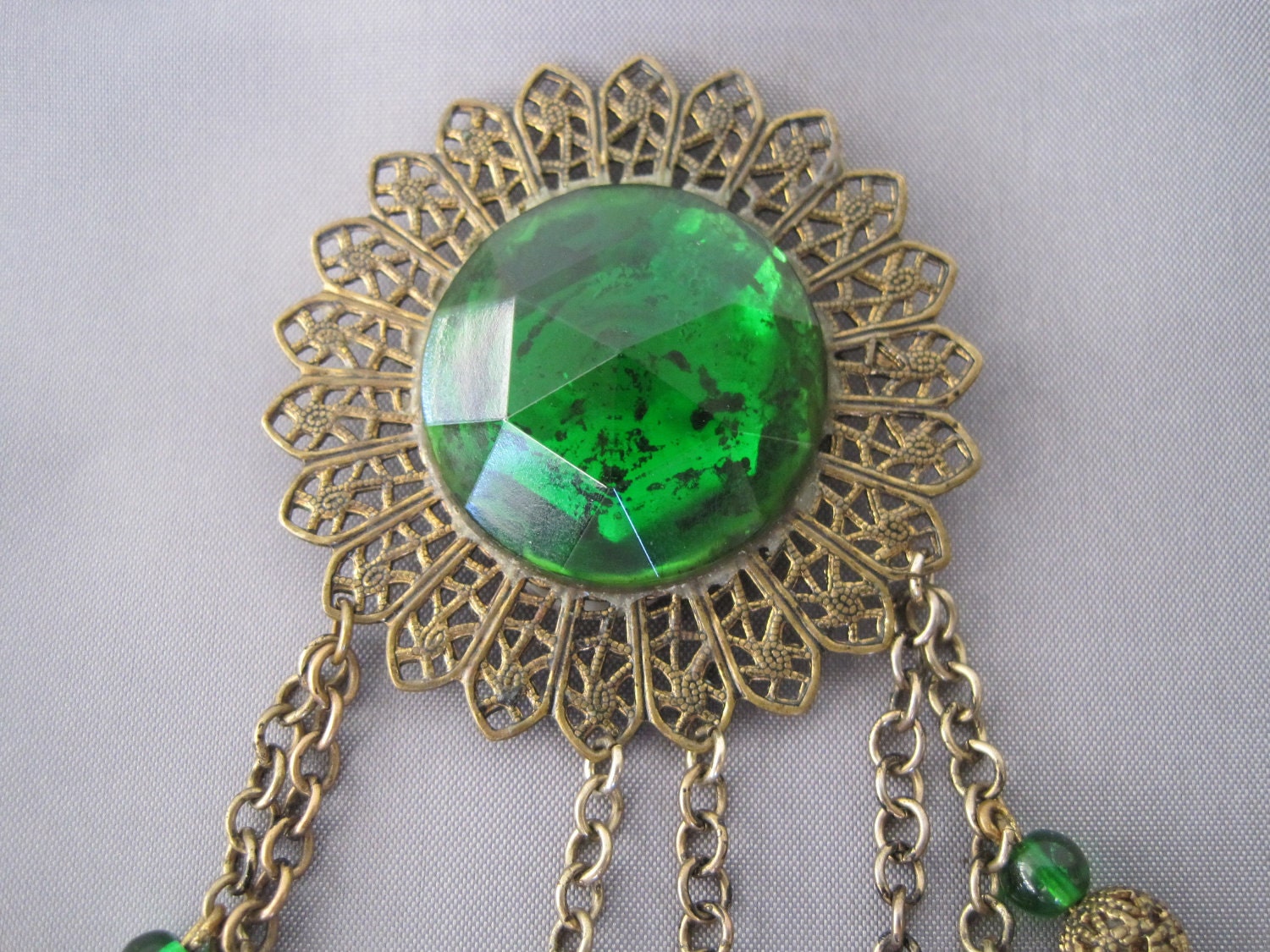 SALE - Vintage Art Deco Brass Filigree Green Stone Brooch