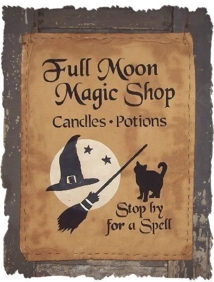 Full Moon Magic Shop Primitive Fall Autumn Halloween Witch Wall Hanging Sign