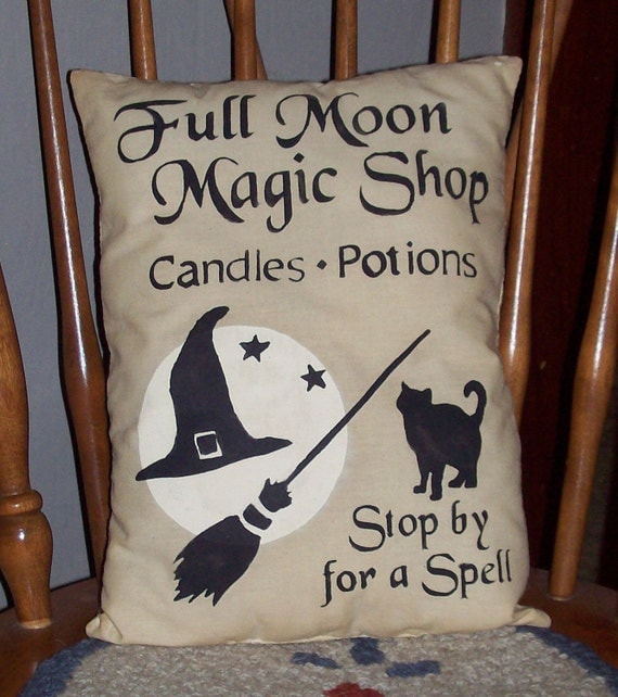 Full Moon Magic Shop Country Primitive Autumn Harvest Fall Halloween Pillow Cupboard Tuck Sitter