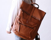 Square Shape Leather Backpack - Tan Brown