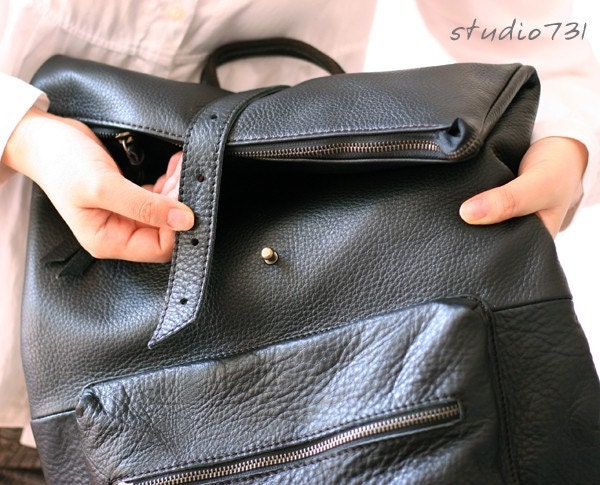 Square Shape Leather Backpack - Black