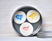 Springtime Bird Magnets Tin set of 3 Owl bluebird Pastel Pink Yellow turquoise