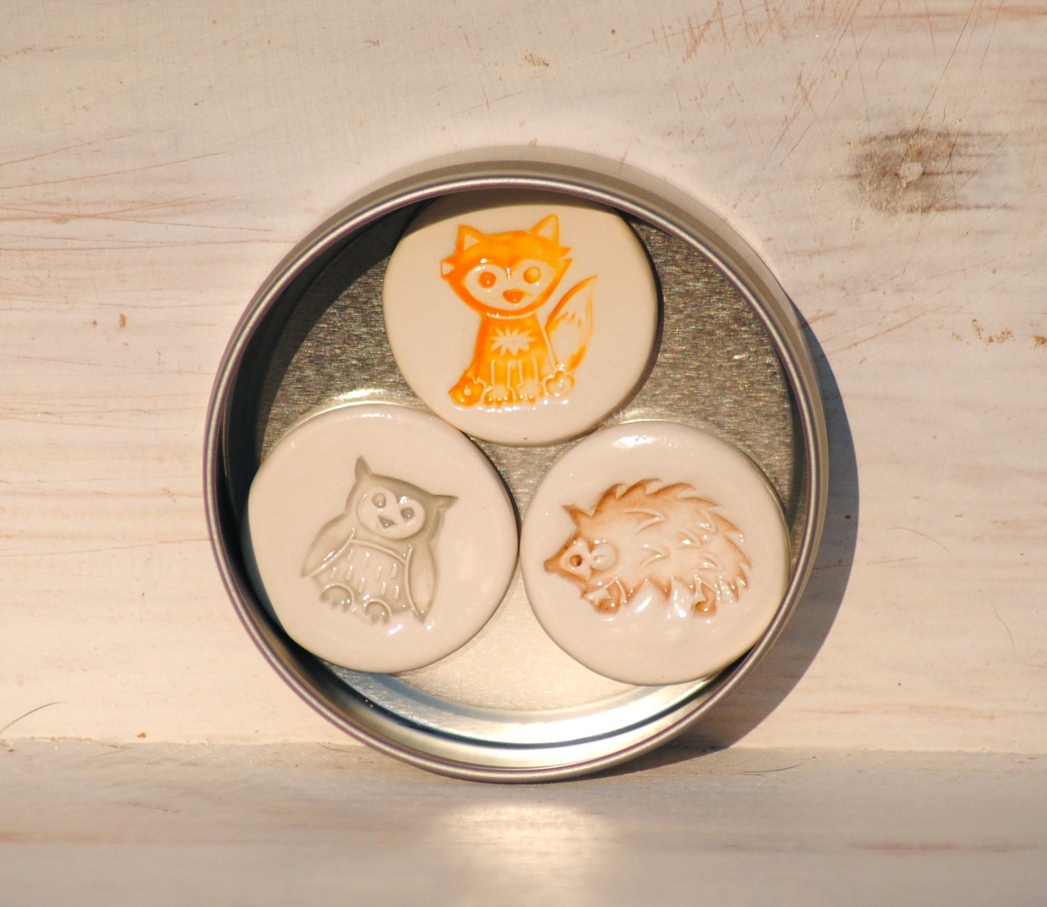 Woodland Creatures Magnets set of 3 in a Tin Owl Fox and Hedgehog forrest animals Orange