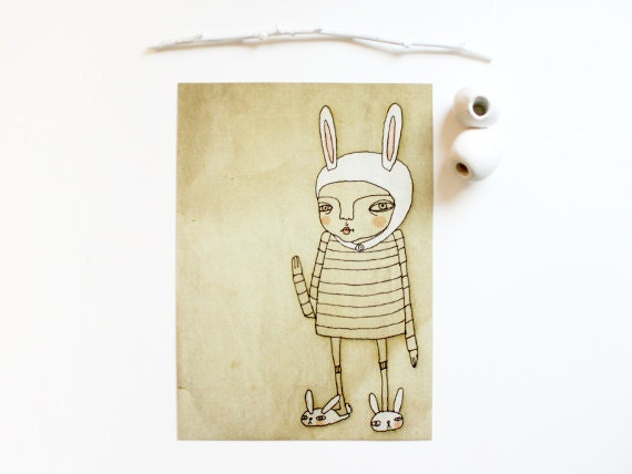 Hello Hare illustration 5x7 art print, bunny ears, rabbit, Spring, easter, wall art, home decor