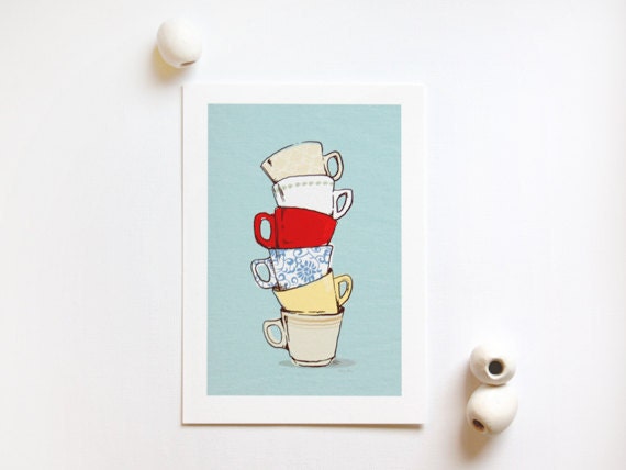 Teacups 4X6 art print, kitchen art decor, coffee cup art, illustration, teal, red, vintage inspired kitchen