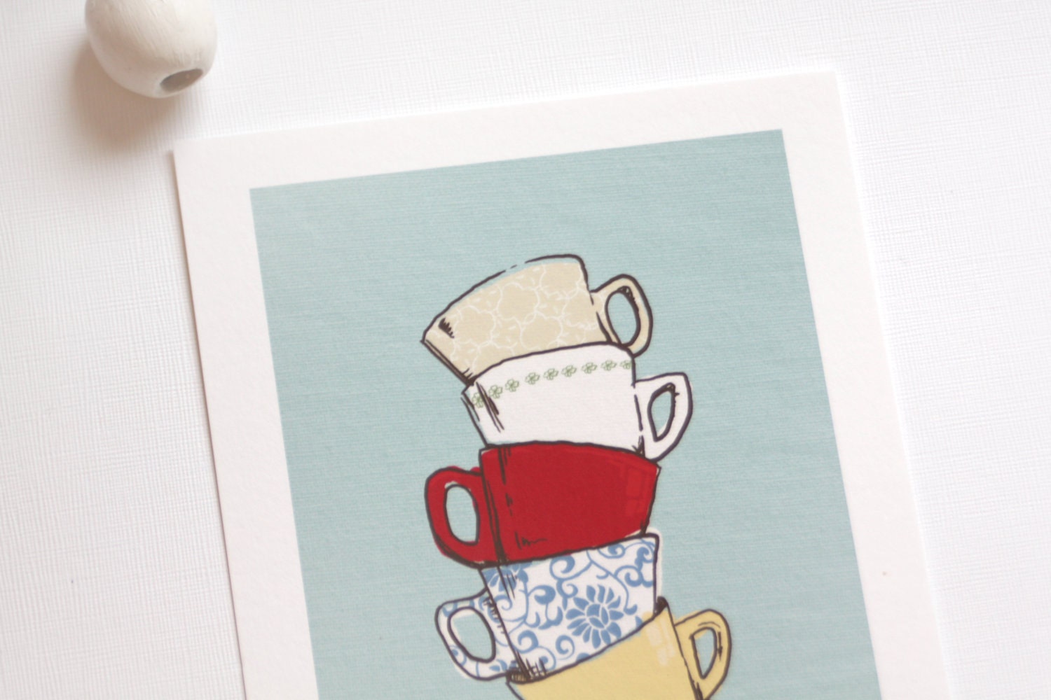 Teacups 4X6 art print, kitchen art decor, coffee cup art, illustration, teal, red, vintage inspired kitchen