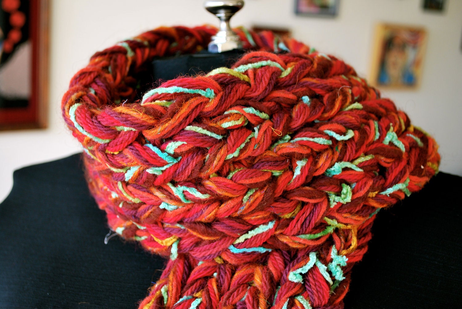 Wool scarf opulent rich reds turquoise blues greens golds - SALE (was  55.00)