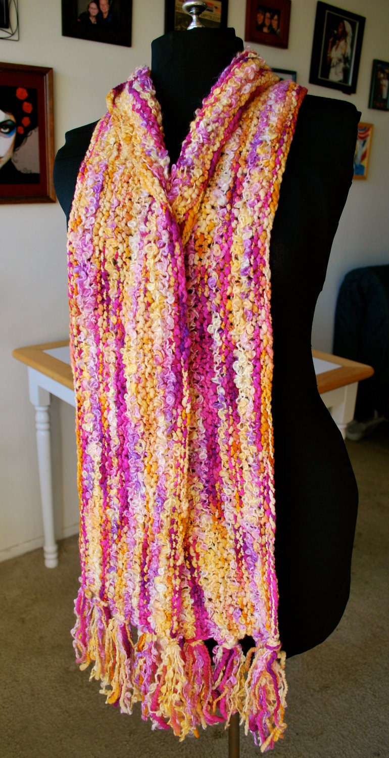 Luxurious pink, purple, magenta, purple and yellow curly wool soft scarf