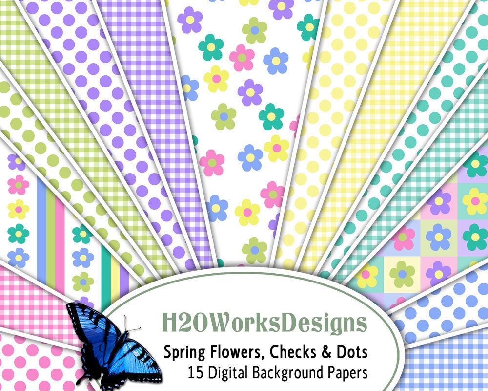 Spring Flowers, Checks, Dots 8.5x11 Digital Backgrounds (Set of 15) Pastels, Pink, Yellow, Blue, Purple, Green, Teal, EASTER