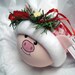 Pig Christmas Ornament Tree Bulb Hand Painted Glass Personalized Ear of Corn & Red White Check Hat