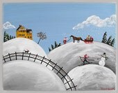 Hilly Holiday 16x20 Winter Christmas Original Folk Art Acrylic Painting with Santa Horse Sleigh Black Cat Snow Snowman Skiing Yellow House