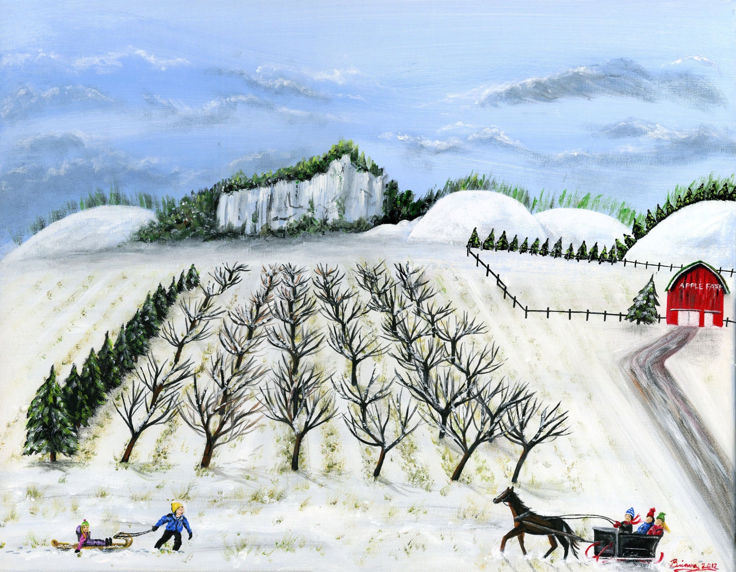 Hilly Horse Drawn Sleigh 16x20 Winter Original Folk Art Acrylic Painting with Kids Snow Sled Apple Trees Cliff Red Barn