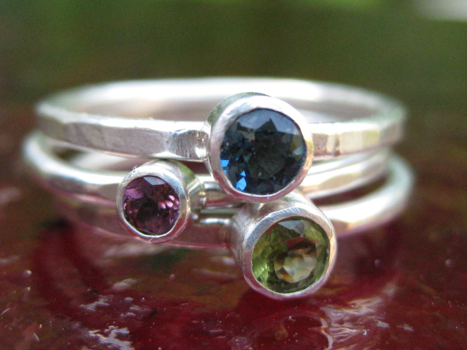 Set of 3 Sterling Silver Stacking Rings with Genuine Gemstones London Blue Topaz Peridot Pink Tourmaline