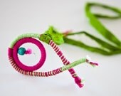 Summer necklace, fiber art fish green and fuchsia