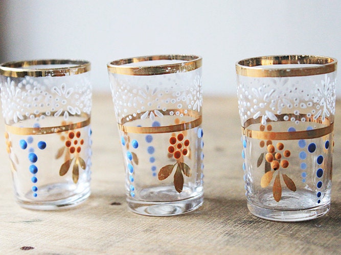 Hand Painted Drinking Glasses Gold Trim Orange Blue by SecondHome