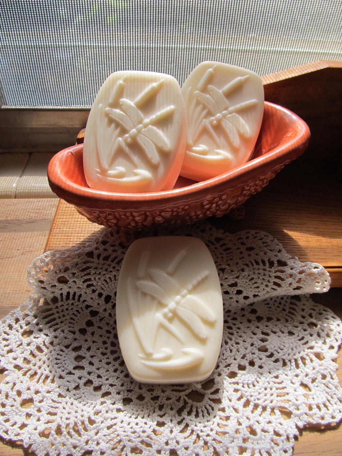 Rosemary Mint scented soap in a Cattail and Dragonfly design