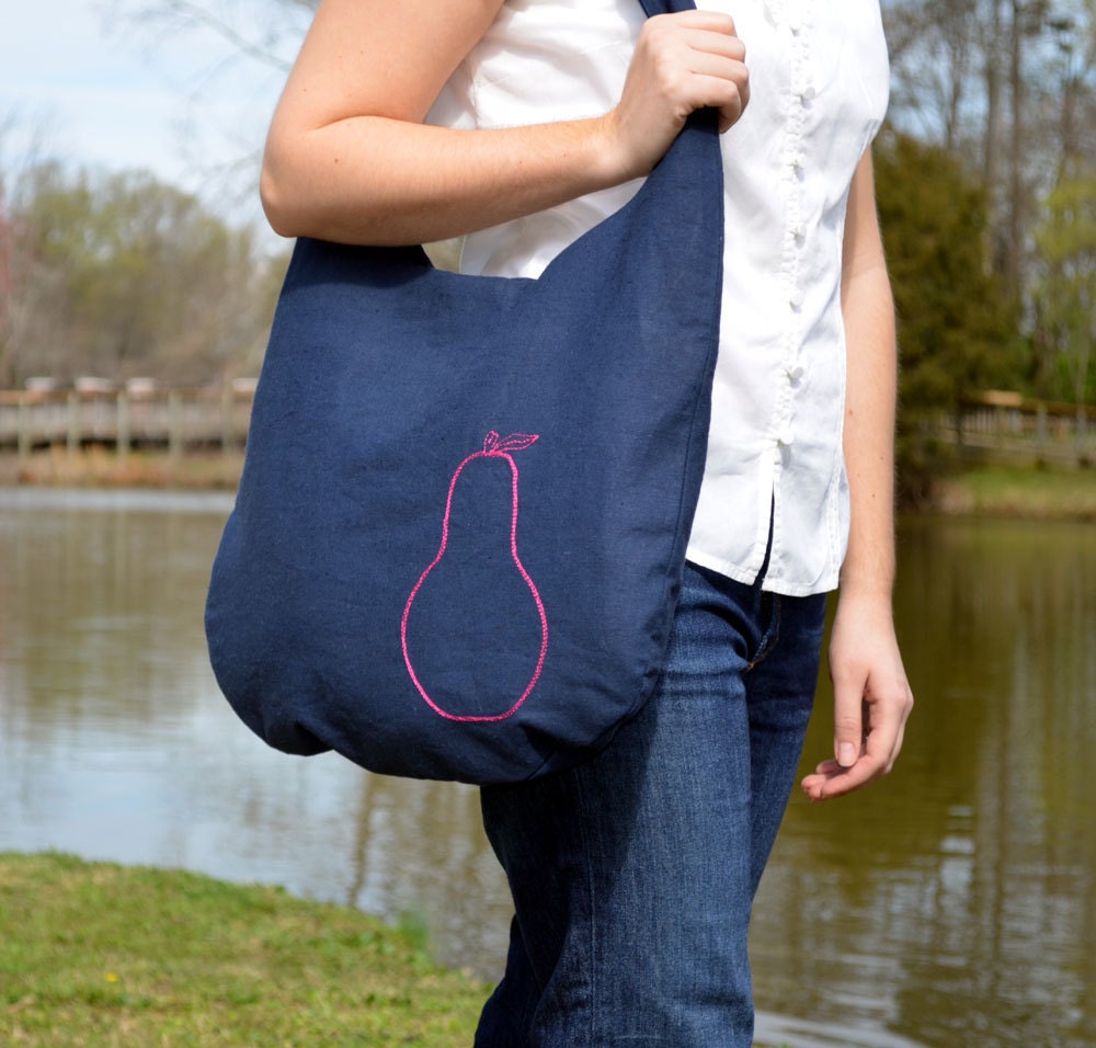 Day Bag in Navy- diaper bag large tote embroidered blue pink pear custom big snap closure pockets