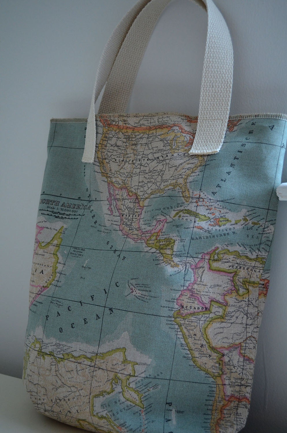 SALE - Tote Bag in World Map- market tote globe travel shopping bag diaper bag school canvas continents atlas blue pastel library tote