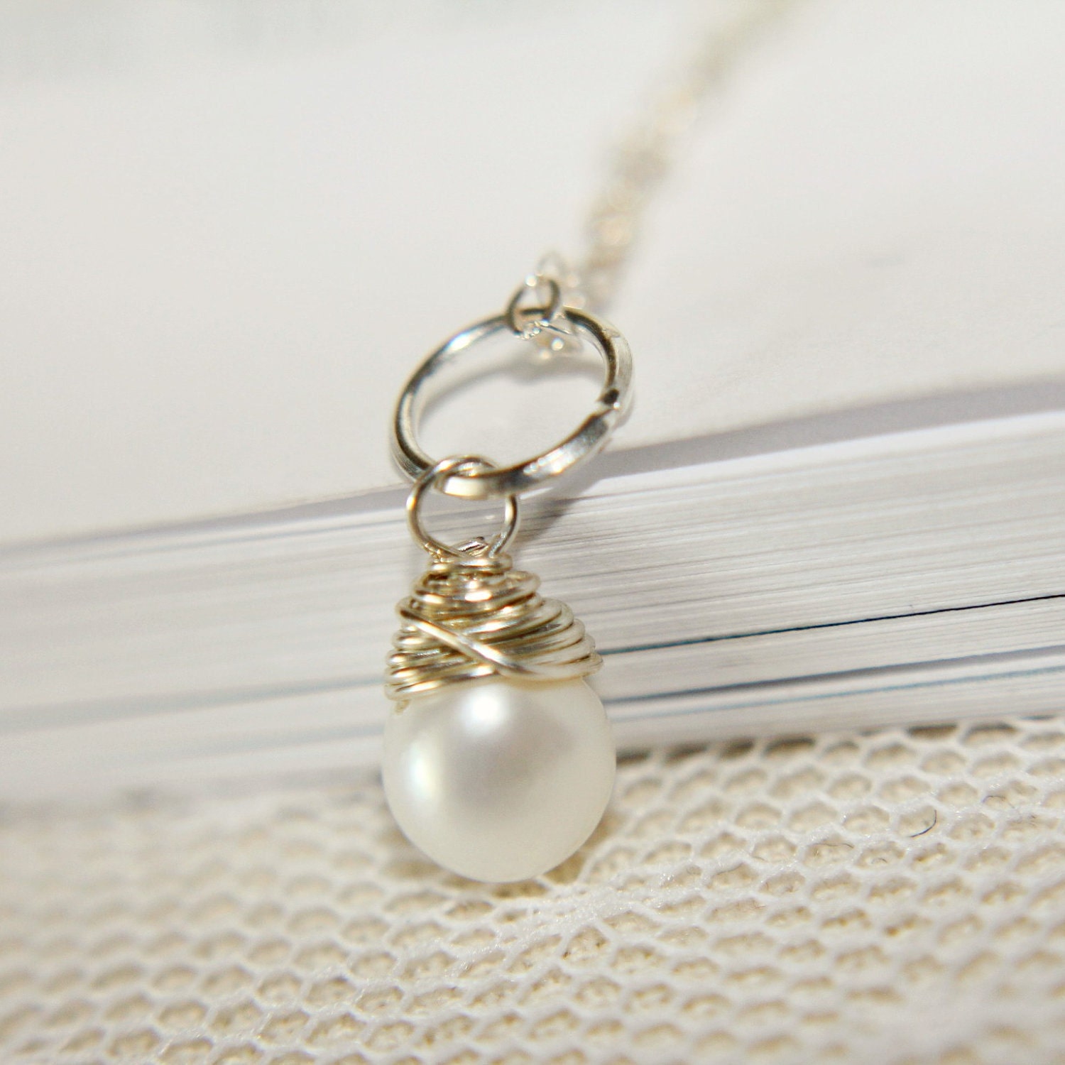 Wire Wrapped Pearl Necklace, Sterling Silver, Romantic, Feminine, Elegant, Wedding Jewelry, Bridal, Bridesmaids, Valentines Day