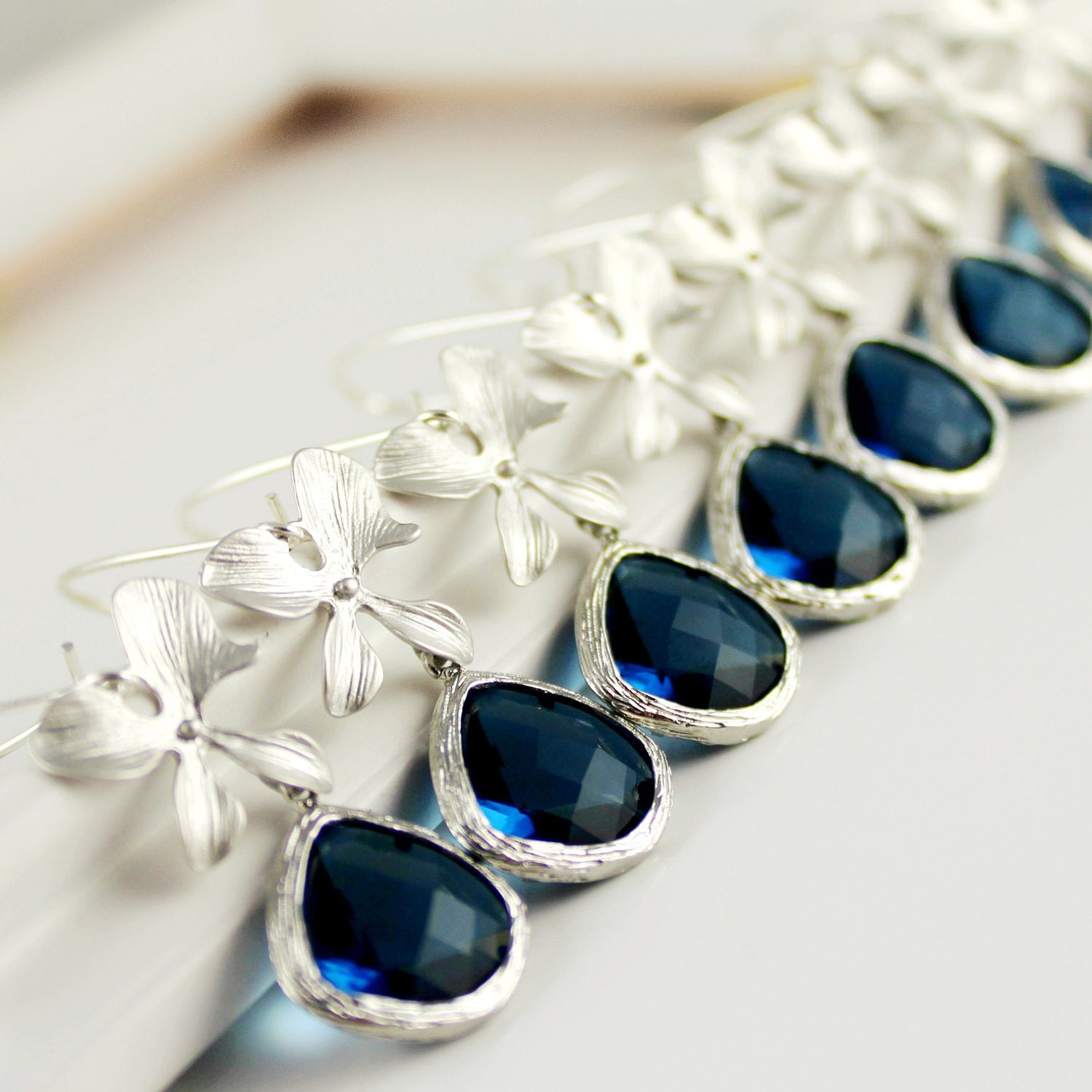 Bridesmaid Gifts, Set Of 4 Bridesmaids Earrings, Sapphire Blue Orchid Earrings, Wedding, Bridal Party, Custom Design, Personalized Gift,