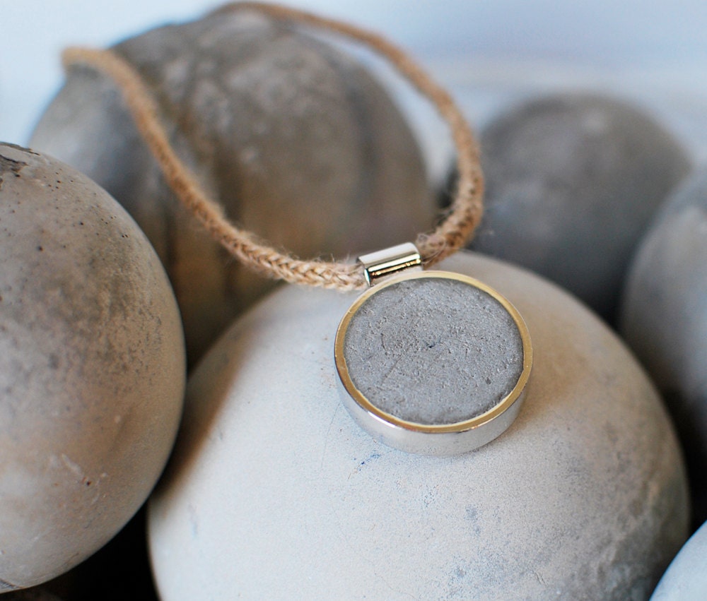 Mens or Unisex CONCRETE in sterling silver plated setting, on woven hemp cord